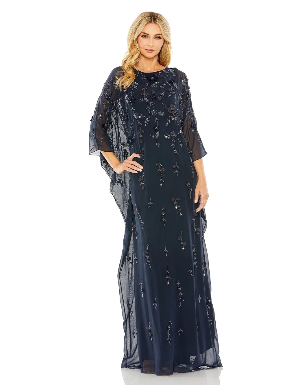 Mac Duggal 9242 Navy Floral Embellished Kaftan Gown Size 28 NWT